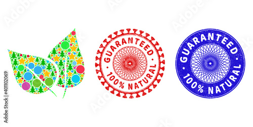 Flora plant mosaic of New Year symbols, such as stars, fir trees, color circles, and GUARANTEED 100% NATURAL rubber stamps. Vector GUARANTEED 100% NATURAL seals uses guilloche ornament,