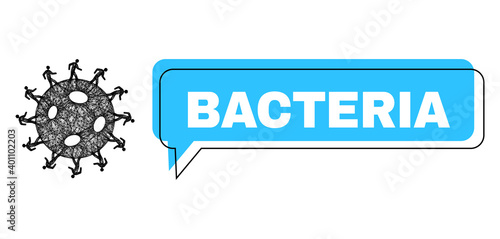 Chat Bacteria blue cloud message and net human virus. Frame and colored area are shifted to Bacteria phrase, which is located inside blue cloud. Vector quote tag inside message frame.