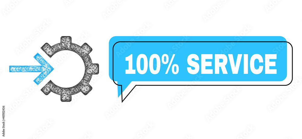 Chat 100% Service blue cloud frame and net mesh cog integration. Frame and colored area are misplaced to 100% Service label, which is located inside blue colored speech balloon.