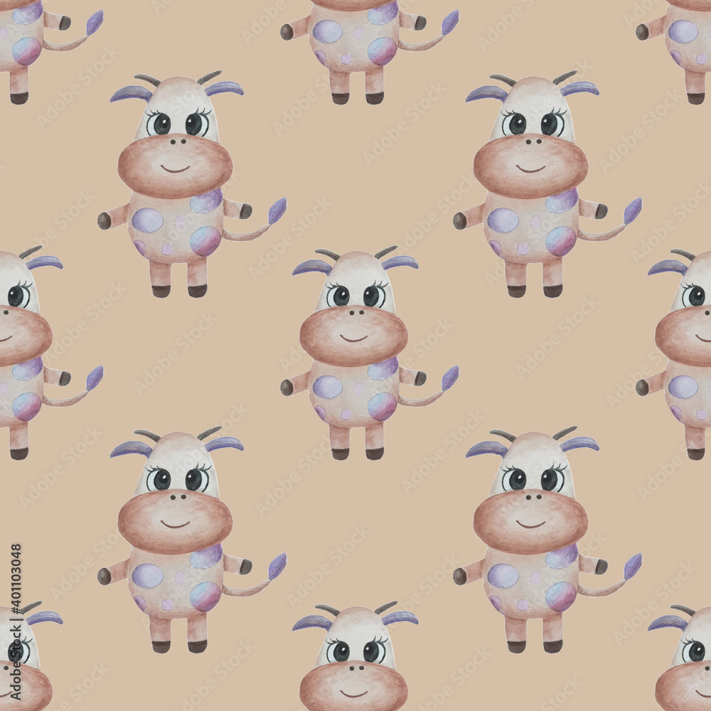 Obraz premium Seamless watercolor pattern with bulls on a beige background. Suitable for scrapbooking, packaging, wrapping, postcards, fabric.