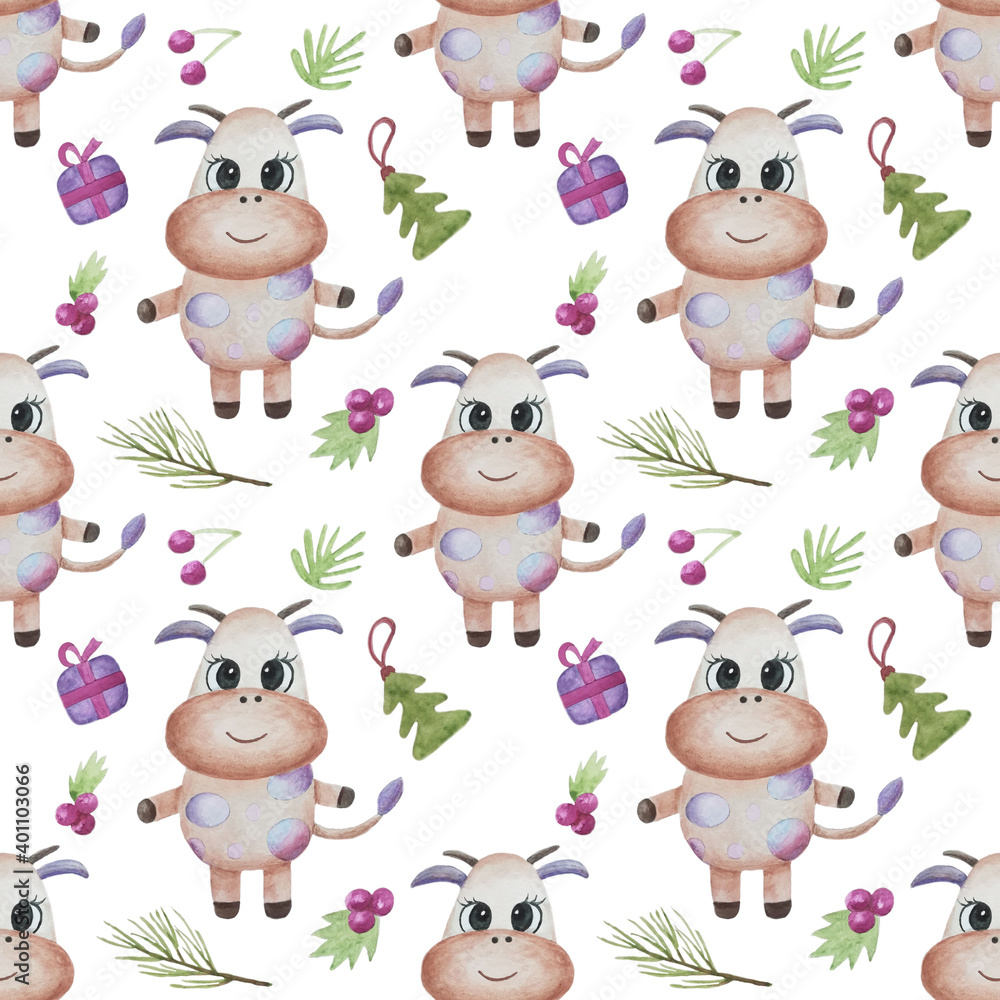 Seamless watercolor pattern with bulls, holly, fir trees and fir branches on a yellow background. Suitable for scrapbooking, packaging, wrapping, postcards, fabric. Seamless watercolor pattern with bulls, holly, fir trees and fir branches on a yellow background. Suitable for scrapbooking, packaging, wrapping, postcards, fabric.