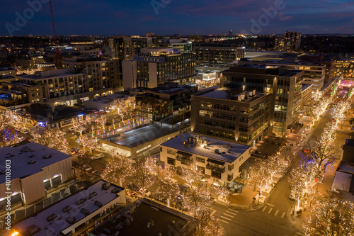 Aerial View of Cherry Creek Shopping and Dining District in the Denver Metro with Christmas Lights during the Holidays