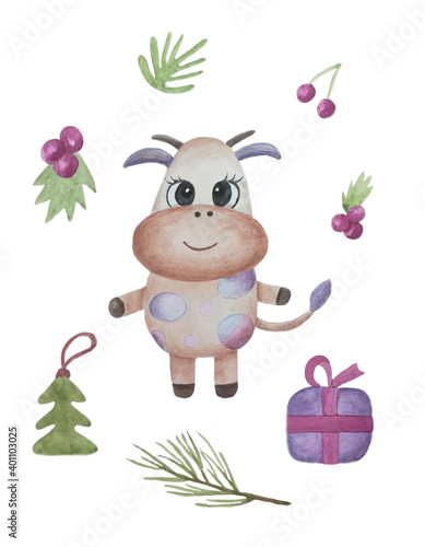 New Year watercolor set of clipart with a bull. Drawn by hand.