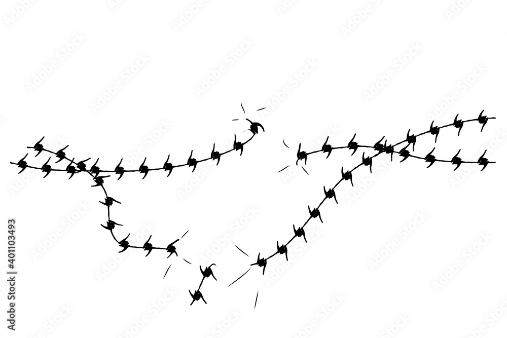 Obraz premium Simple Vector Silhouette Broken Barricade from Barbed Wire, Suitable Illustration for demonstration or protest