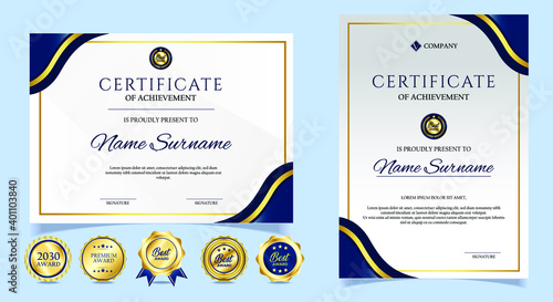 Certificate of appreciation template, gold and blue color. Clean modern certificate with gold badge. Certificate border template with luxury and modern line pattern. Diploma vector template