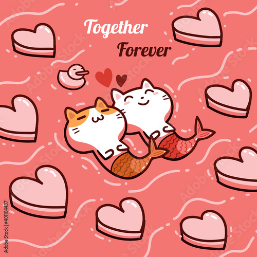 Couple lover kawaii cats mermaid, happy valentine day card