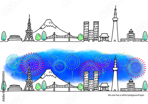 東京の街並みと花火の線画セット