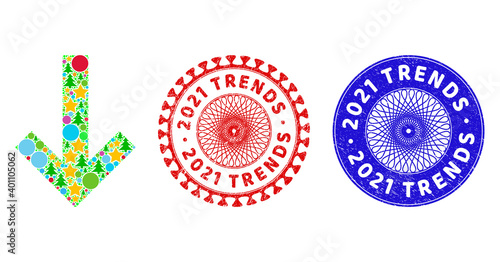 Arrow down mosaic of Christmas symbols, such as stars, fir trees, color circles, and 2021 TRENDS corroded stamp prints. Vector 2021 TRENDS stamps uses guilloche ornament,