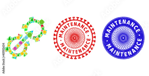 Gear integration composition of New Year symbols, such as stars, fir trees, colored round items, and MAINTENANCE grunge seals. Vector MAINTENANCE seals uses guilloche pattern,