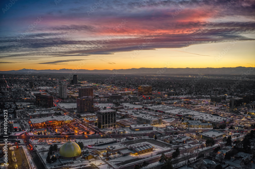 Aerial View of Glendale, Colorado in the Denver Metro after a fresh Snowfall