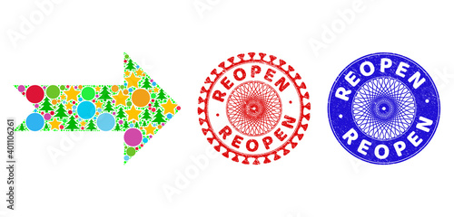 Arrow right collage of Christmas symbols, such as stars, fir-trees, bright round items, and REOPEN rough stamp imitations. Vector REOPEN imprints uses guilloche pattern,