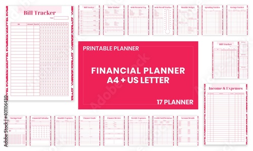 Beauty Pink Financial planner Bill,Debt,Payoff,Log,monthly,weekly,budget,Saving,Income,Expenses,Account,
Credit Card,Goal,Calendar,pages templates collection set of vector A4 and US Letter Ai, EPS 10 photo