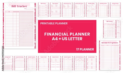 Beauty Pink Financial planner Bill,Debt,Payoff,Log,monthly,weekly,budget,Saving,Income,Expenses,Account,
Credit Card,Goal,Calendar,pages templates collection set of vector A4 and US Letter Ai, EPS 10