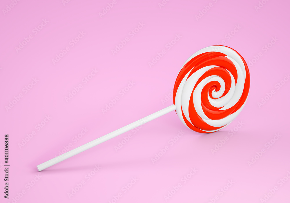 Red and white twisted lollipop on a stick and pink background. 3D rendering and 3D illustration. Red and white twisted lollipop on a stick and pink background. 3D rendering and 3D illustration.