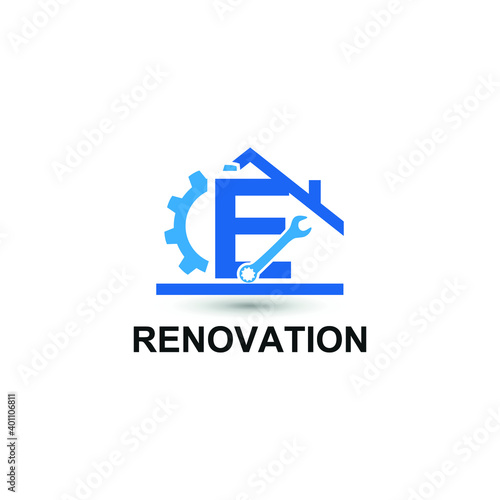 Initial letter E with gear, wrench and home icon for Home renovation, construction, repair and maintenance logo design concept vector