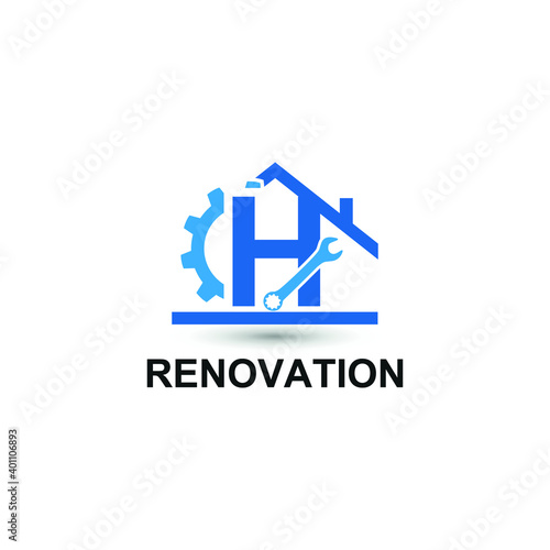 Initial letter H with gear, wrench and home icon for Home renovation, construction, repair and maintenance logo design concept vector