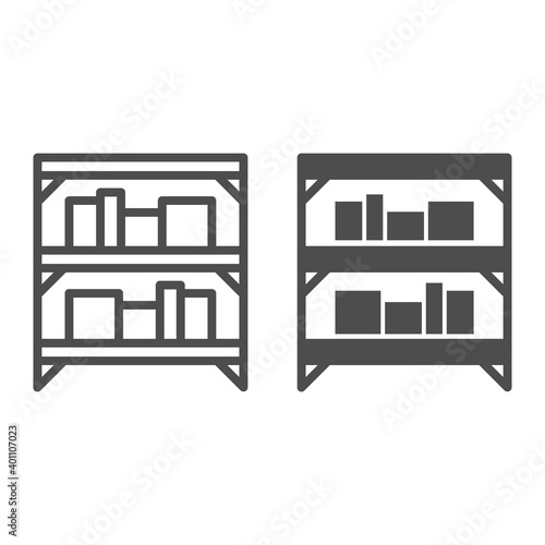 Shelves with boxes, warehouse line and solid icon, shopping concept, metallic shelves with cartoon boxes sign on white background, box warehouse icon in outline style. Vector graphics.