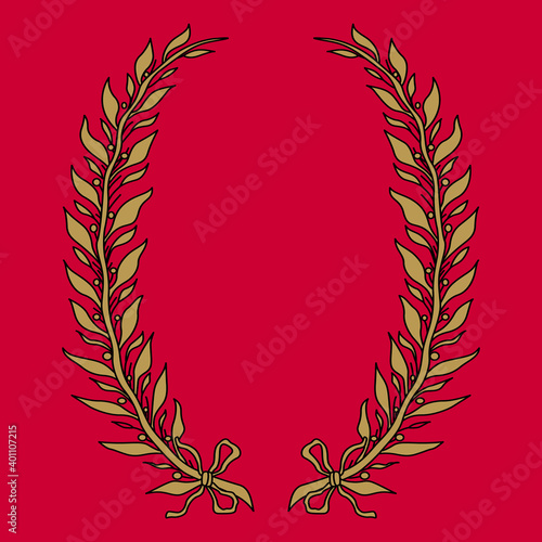 Wreath of two laurel or bay branches. Vintage style. Oval botanical frame. Golden border on red background.