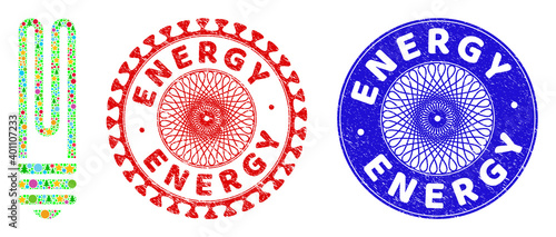 Fluorescent bulb composition of New Year symbols, such as stars, fir trees, color spheres, and ENERGY grunge watermarks. Vector ENERGY watermarks uses guilloche pattern,