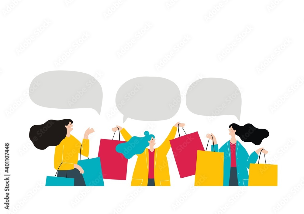 Young women are shopping at the shop. Vector flat illustration girl on sale. Black friday vector print banner. Online shopping