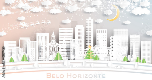 Belo Horizonte Brazil City Skyline in Paper Cut Style with Snowflakes  Moon and Neon Garland.