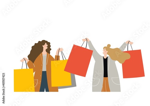 Young women are shopping at the shop. Vector flat illustration girl on sale. Black friday vector print banner. Online shopping © webmuza