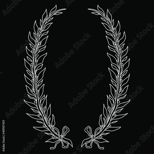 Black and white floral decor. Laurel wreath. Bay branches. Oval frame. Hand drawn linear silhouette.