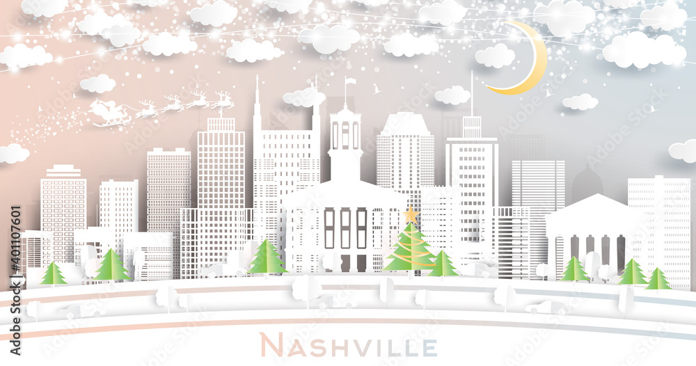 Fototapeta premium Nashville Tennessee USA City Skyline in Paper Cut Style with Snowflakes, Moon and Neon Garland.