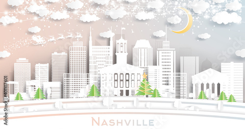 Nashville Tennessee USA City Skyline in Paper Cut Style with Snowflakes, Moon and Neon Garland.