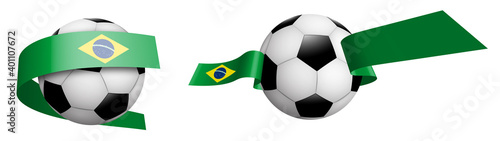 balls for soccer, classic football in ribbons with colors Flag of Republic of Brazil. Design element for football competitions. Isolated vector on white background