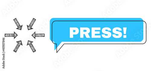 Chat Press! blue bubble frame and net compact arrows. Frame and colored area are misplaced to Press! caption, which is located inside blue cloud. Vector quote caption inside forum frame.
