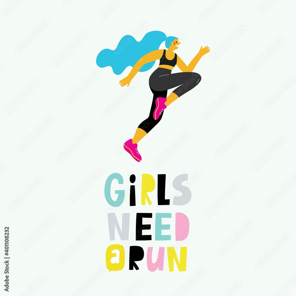 A young woman in a sports uniform is running. A man runs a marathon. Sport vector illustration in modern style. Lettering quote -  strong women