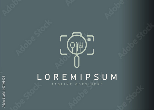 Food photography logo design. Vector illustration of kitchen photo studio. Modern logo design with line art style.