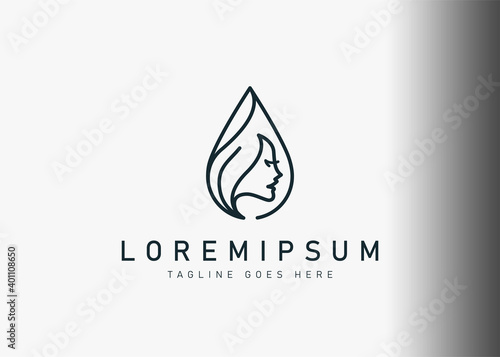 Woman droplet logo design. Vector illustration of woman face with nature liquid water drop icon design. Modern logo design with line art style.