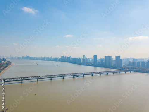 Aerial view of the Qiantang river bridge, the landmark in Hangzhou, China. © Zimu