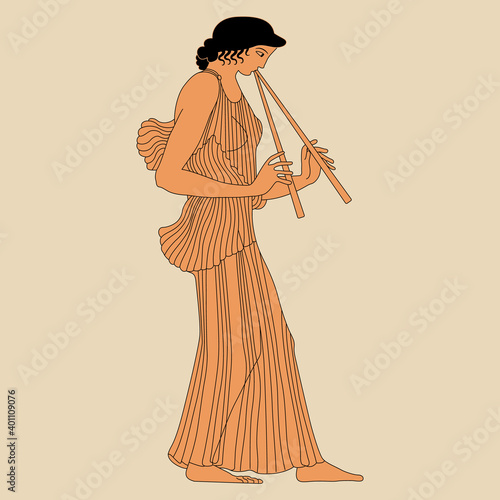 Ancient Greek girl playing the flute. Vase painting style. Isolated vector illustration. 