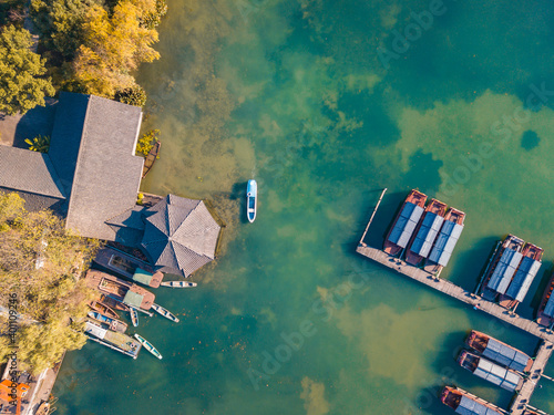 Aerial view of the boats at the West Lake in Hangzhou, China. photo