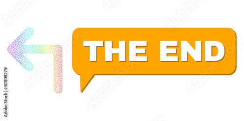The End and turn left vector. Rainbow colored mesh turn left, and speech The End cloud frame. Speech colored The End cloud has shadow. Vector framework generated from turn left icon with mesh.