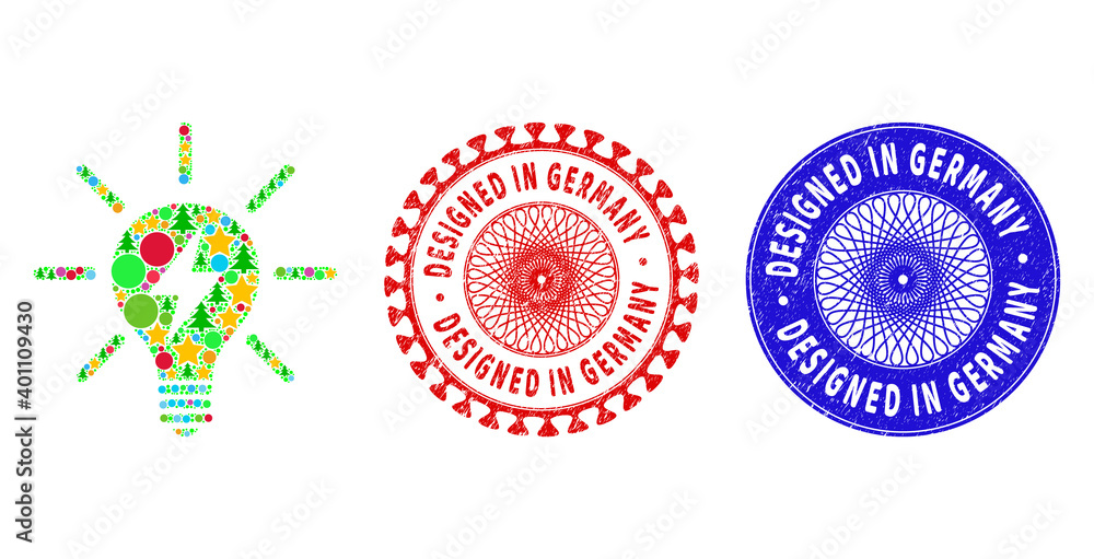 Electric light bulb collage of New Year symbols, such as stars, fir trees, multicolored balls, and DESIGNED IN GERMANY grunge stamp seals. Vector DESIGNED IN GERMANY seals uses guilloche ornament, Electric light bulb collage of New Year symbols, such as stars, fir trees, multicolored balls, and DESIGNED IN GERMANY grunge stamp seals. Vector DESIGNED IN GERMANY seals uses guilloche ornament,