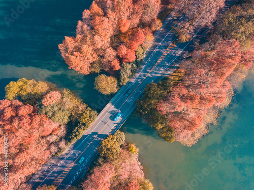 Aerial view of the bridge on the West Lake in Hangzhou, China, autumn time. photo