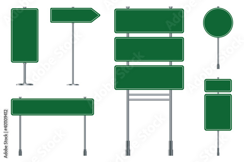 Set of road signs isolated on a white background. Green traffic sign.