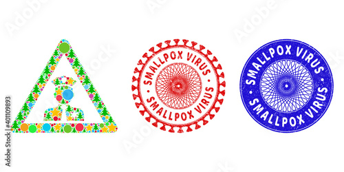 Policeman warning composition of Christmas symbols, such as stars, fir-trees, color balls, and SMALLPOX VIRUS textured stamp imitations. Vector SMALLPOX VIRUS stamp seals uses guilloche ornament,