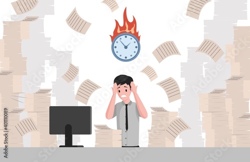 Deadline, stress at work vector flat illustration. Male manager sitting at computer, holding hands on head, surrounded by papers. Overload paperwork, stack of documents, office work concept.