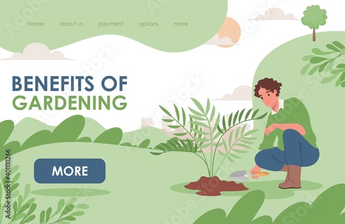Benefits of gardening landing page template with text space. Happy smiling man in casual clothes working in the garden, planting tree or flower. Summer landscape, gardener hobby web template.