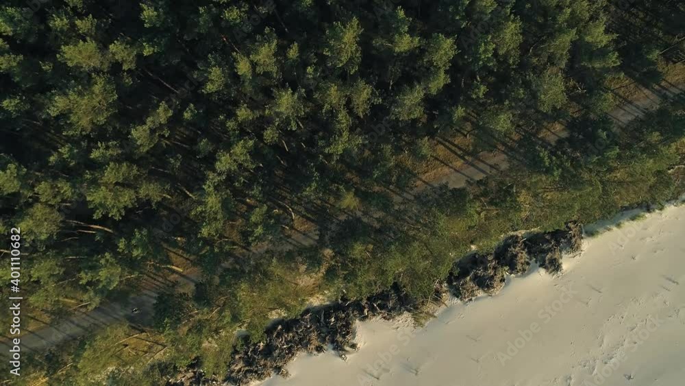 Couple of cyclists riding bike path in forest right next to beach. Aerial top down sideways Couple of cyclists riding bike path in forest right next to beach. Aerial top down sideways