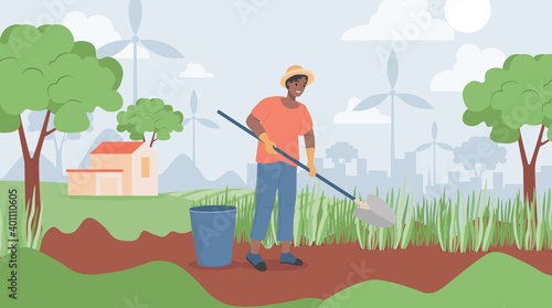 Happy smiling man in yellow hat holding shovel and digging in garden vector flat illustration. Garden job, gardening, and agriculture gardener hobby concept. Summer landscape.