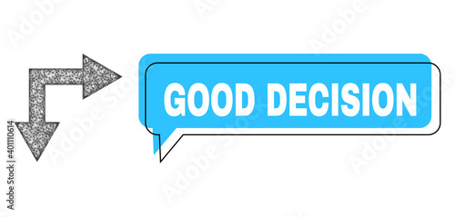 Conversation Good Decision blue bubble frame and network bifurcation arrow right down. Frame and colored area are misplaced to Good Decision label, which is located inside blue bubble.