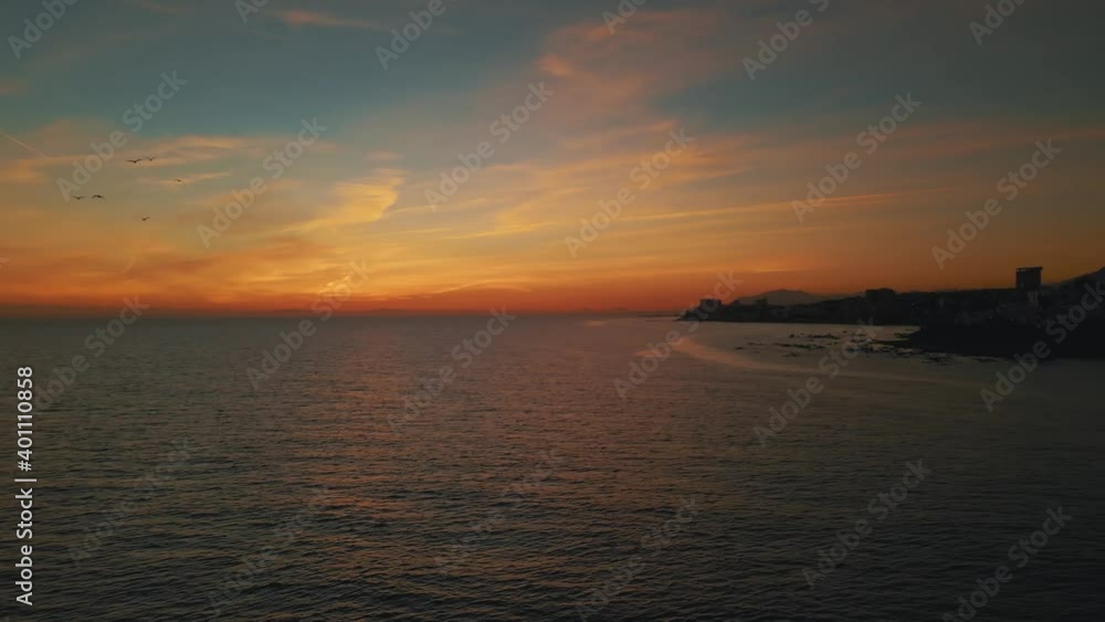 Aerial view of ocean sunset with a backward panning movement Aerial view of ocean sunset with a backward panning movement