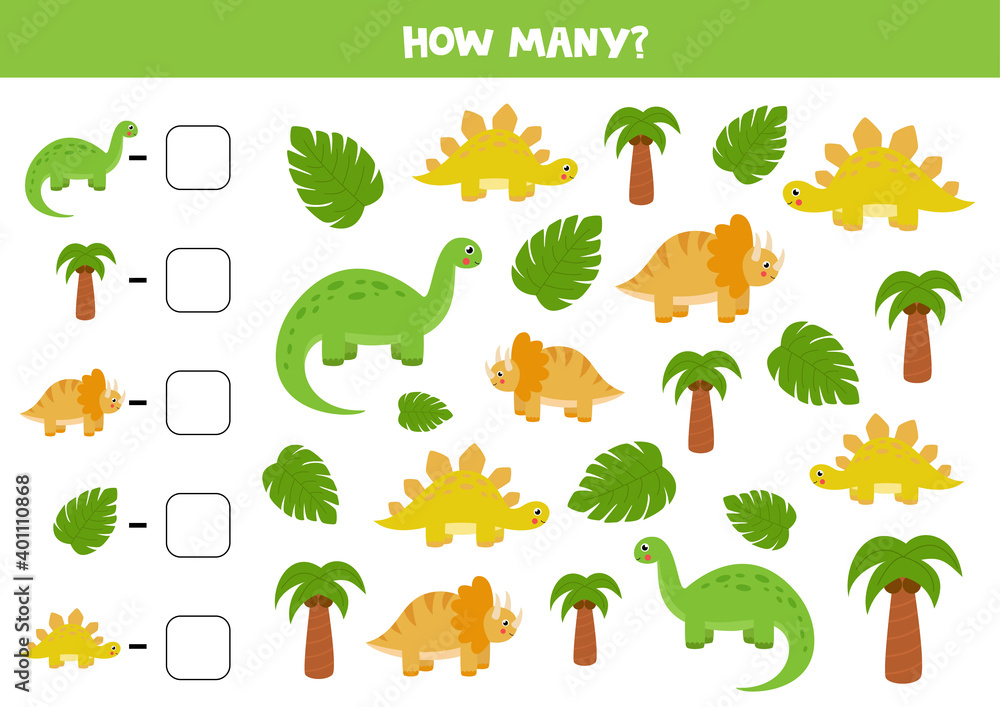 Count all dinosaurs and write the right answer into box. Math game. Count all dinosaurs and write the right answer into box. Math game.