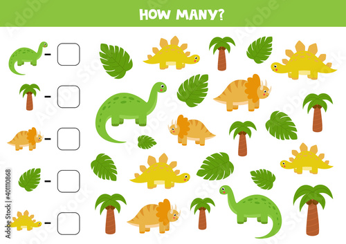 Count all dinosaurs and write the right answer into box. Math game.